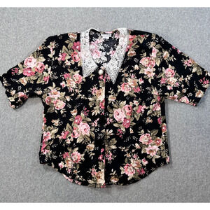 Amancio Lace Collar Vintage Blouse Women's Large Black Floral Short Sleeve Top